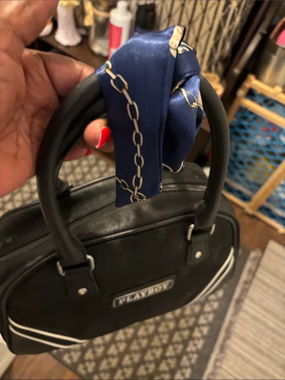 PLAYBOY Black Satchel /crossbody strap with White Piping Accents